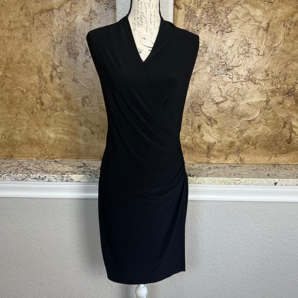 Norma‎ Kamali Dress Medium Black Ruched Sleeveless Draped Cocktail Stretch LBD